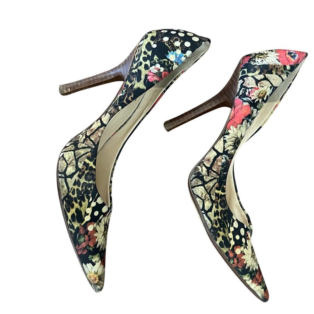 GUESS Wooden Stiletto Women's Floral Abstract Patchwork High Heels Shoes Sz 6.5